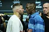 Opponents Dricus Du Plessis of South Africa and Israel Adesanya of Nigeria face off during the UFC 305 press conference at RAC Arena on August 16, 2024 in Perth, Australia.