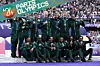 Bronze medalists of Team South Africa celebrate on the podium during the Men’s Rugby Sevens medal ceremony on day one of the Olympic Games Paris 2024 at Stade de France on July 27, 2024 in Paris, France.