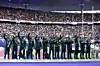 Bronze medalists of Team South Africa celebrate on the podium during the Men\u2019s Rugby Sevens medal ceremony on day one of the Olympic Games Paris 2024 at Stade de France on July 27, 2024 in Paris, France.