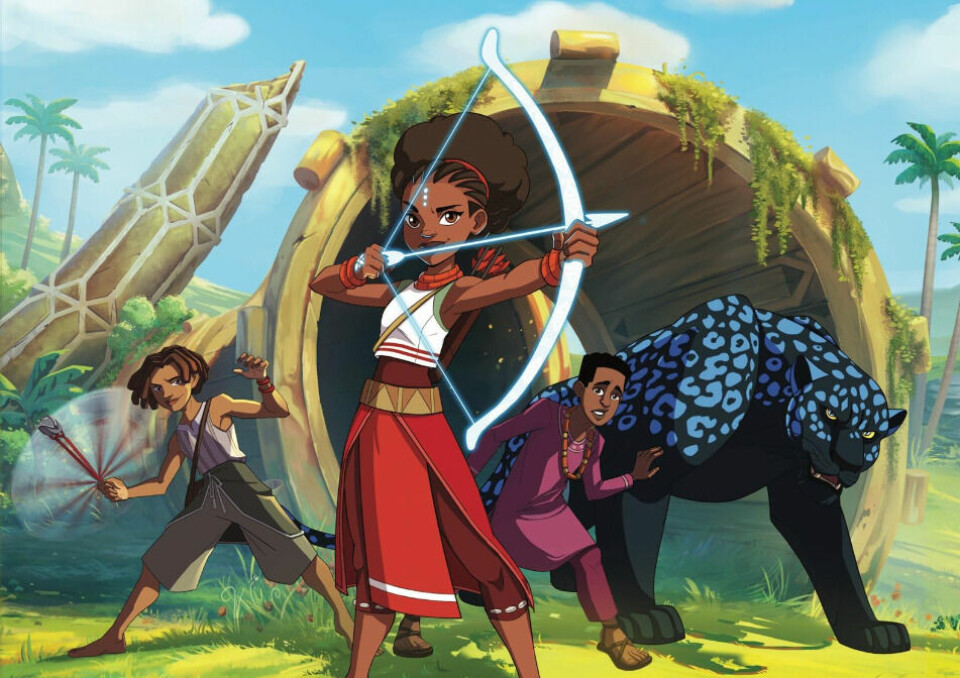 ‘Iyanu’ is adapted from Okupe and YouNeek Studios’ graphic novel series, ‘Iyanu: Child of Wonder,’ published by the iconic Dark Horse Comics. A cutout from ‘Iyanu’ poster showing the lead character wielding a bow and arrow, with two other characters beside her.
