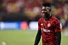 Andre Onana of Manchester United warms up during the pre-season friendly match between Manchester United and Borussia Dortmund at Allegiant Stadium.