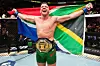 Dricus Du Plessis of South Africa reacts after his victory against Sean Strickland in a UFC middleweight championship bout on January 20, 2024 in Toronto, Ontario.