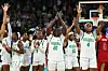 Nigeria's D\u2019Tigress basketball team acknowledge the public at the end of the women's quarterfinal basketball match between Nigeria and USA during the Paris 2024 Olympic Games at the Bercy Arena in Paris on August 7, 2024.