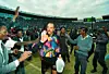 Zimbabwe goalkeeper Bruce Grobbelaar acknowledges the applause after the FIFA World Cup Africa group C qualifying match between Zimbabwe and Cameroon on July 4, 1993 in Harare, Zimbabwe.