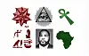 Dr Umar photo alongside Egyptian hieroglyphics, an ankh, the illuminati symbol and a map of Africa.