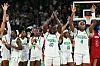 Nigeria's D\u2019Tigress basketball team acknowledge the public at the end of the women's quarterfinal basketball match between Nigeria and USA during the Paris 2024 Olympic Games at the Bercy Arena in Paris on August 7, 2024.