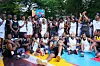 Joakim Noah in a group photo with all the players during the Hennessy 'In The Paint' court unveiling