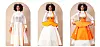 An image of an outfit from the fashion label Munkus, of a woman in a white dress with an orange skirt.