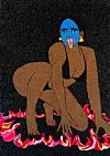 An image of the artist Talia Ramkilawan's embroidered work of a woman with her tongue sticking out, surrounded by flames.