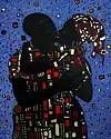 An image of the artist Nedia Were's The Kissing Couple, which features two black figures kissing against a vibrant blue and red background.