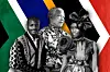 An illustration with photos of South African designer Laduma Ngxokolo of MaXhosa; former president Nelson Mandela; and a model wearing Mantsho on the runway.