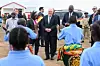 01 November 2023, Tanzania, Songea: German President Frank-Walter Steinmeier is greeted at Songea Airport by Labian Thomas (r), Prime Minister of Ruvuma, Damas Ndumbaro (2nd from left), Minister of Arts, Culture and Sports, and a dance group.
