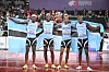 (L-R) Botswana's athlete Lee Bhekempilo Eppie, Botswana's athlete Letsile Tebogo, Botswana's athlete Busang Collen Kebinatshipi, and Botswana's athlete Bayapo Ndori celebrate winning the men's 4x400m relay final during the World Athletics Championships in Tokyo on September 21, 2025.
