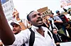 Close-up shot of a Moroccan man at the protests in Casablanca.