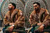 Collage of Moroccan musician Tawsen is wearing a heavy light brown mink and sitting in front of a colorful tiled wall, holding a peacock and looking directly into the camera.