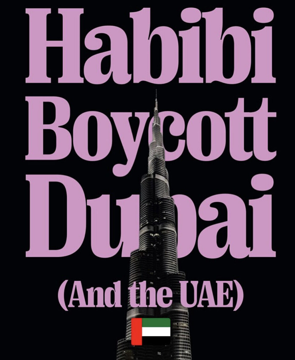 The ongoing social media campaign #HabibiBoycottDubai is raising awareness of the UAE’s lethal role in the Sudan genocide. Over a black background, a collage of borg el arab in Dubai and pink bold letters reading “Habibi Boycott Dubai (and the UAE)”.