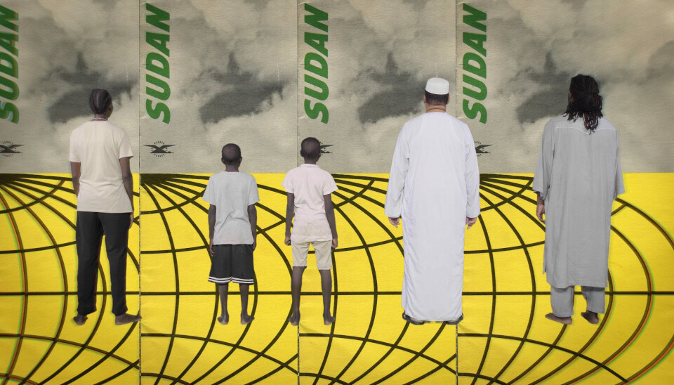 Still from the film Khartoum, which won multiple prizes at film festivals this year. A woman, two boys, and two men are standing with their backs to the camera, facing a green screen that has different montages projected onto it and that reads “Sudan.”