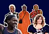 A collage of images featuring Faith Kipyegon, Akinola Davies Jr, Koyo Kouoh, Kaouther Ben Hania, and Brenda Fassie against a navy background.