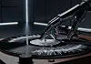 A robot hand reaches for a record, spinning, with its index finger pointing.