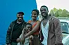 Mandla Dube (L) with Bonko Khoza (R) and Masasa Mbangeni (M) and Boleng Mogotsi on set of \u201cHeart of the Hunter\u201d