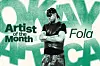 A graphic of Nigerian artist FOLA against a backdrop of green, grainy text.