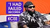 KCee sits on a couch, speaking into a podcast microphone, wearing a patterned denim jacket over a black t-shirt and a necklace with a large pendant. The quote 'I Had Failed Records' is written in bold white text on a purple background beside him.