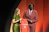 Madina Okot (R) of Kenya poses with WNBA Commissioner Cathy Engelbert (L) after being selected with the 13th pick in the first round by the Atlanta Dream during the 2026 WNBA Draft.