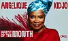 Angélique Kidjo, wearing a blue headwrap, stands before a graphic red-and-white background with text.