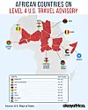 Infographic map of Africa with several countries marked under Level 4 U.S. travel advisories.
