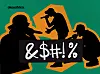 Silhouetted figures of rappers holding mics around a sign with stylized profanity symbols on a teal background.