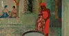 Oil-style painting of a mother washing a child in a hammam with green tiles. In the back, two women sit in an arch, towels wrapped around their bodies.