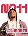 Portrait of a NO11 in a hoodie and jacket against a white background with large red text and a magazine-style banner.