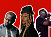 A collage of Didi B, Fatoumata Diawara, and Sarkodie against a red background.