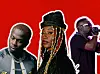 A collage of Didi B, Fatoumata Diawara, and Sarkodie against a red background.