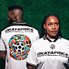 Two people wearing Okayafrica Football Club jerseys pose against a green background.