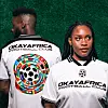 Two people wearing Okayafrica Football Club jerseys pose against a green background.