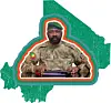 Camouflage-clad Mali junta leader, Assimi Goïta, seated at a desk in a graphic cutout illustration.