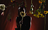 Silhouette of a person holding a flower under hanging blossoms on a dark red background.