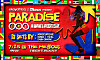 Bright promotional poster for a Paradise 100 music event with a dancing silhouette and event details.