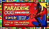 Bright promotional poster for a Paradise 100 music event with a dancing silhouette and event details.