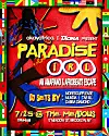 Brightly colored event poster reading 'PARADISE ROL' with DJ lineup, date, and Brooklyn venue details.