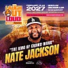 Colorful comedy festival poster with Nate Jackson, dates, and bold event text.