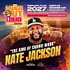Colorful comedy festival poster with Nate Jackson, dates, and bold event text.