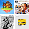 Four-panel collage showing a group under an umbrella, a Fela Kuti poster, a monochrome performer image, and a yellow bus graphic.