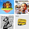 Four-panel collage showing a group under an umbrella, a Fela Kuti poster, a monochrome performer image, and a yellow bus graphic.