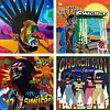 Four colorful illustrated panels featuring a dancer, a shopfront, a performer, and a church scene.