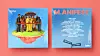 Two posters on a pink background, one showing people on a floating island and the other featuring the title M.ANIFEST.