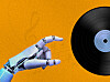 A robotic hand reaching toward a black vinyl record on an orange background.