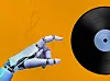 A robotic hand reaching toward a black vinyl record on an orange background.
