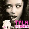 Close-up portrait of Tyla with pink promotional text and an Oka logo.
